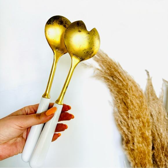 VINTAGE Gold Brass White Enamel Handle Salad Spoon Tosser Serving Utensil Set - Picture 6 of 6